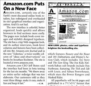 A magazine clipping says Amazon dot com puts on a new face. The adjacent image is of a webpage that says amazon dot com across the top. 